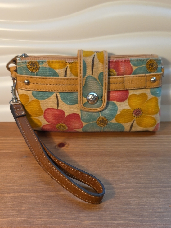 Relic Handbags - Relic Floral Canvas Wristlet in Yellow, Teal, Coral with Tan Trim
